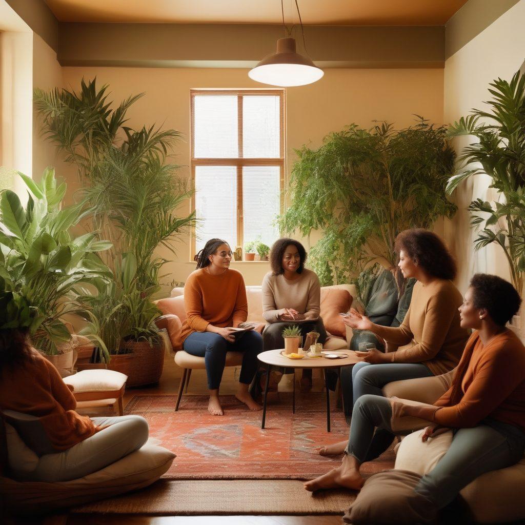 A reflective scene showing a diverse group of adults engaging in open discussions about sexual wellness in a warm, inviting room filled with plants and soft lighting. The atmosphere is supportive and educational, with books and resources about sexual health on display. Emphasize inclusivity with subtle representations of different sexual identities and orientations. Capture a blend of professionalism and comfort that encourages dialogue. super-realistic. warm color palette. inviting atmosphere.